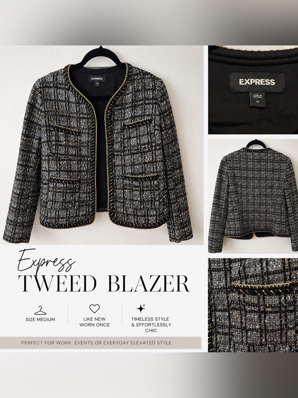 Express Black & Gray Tweed Jacket with Gold Trim